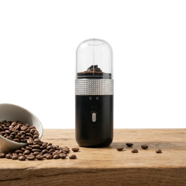 Molinillo de café eléctrico portátil recargable USB-C Molinillo de café eléctrico portátil negro con recipiente transparente y detalle plateado, junto a granos de café.