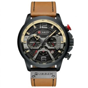 Reloj Curren 8329 T con correa café, caja negra y esfera con detalles metálicos, vista frontal.