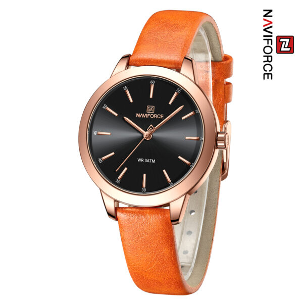 HAS-REL-005 Reloj Naviforce 5024 para mujer con correa naranja, esfera negra y caja en tono dorado rosado.