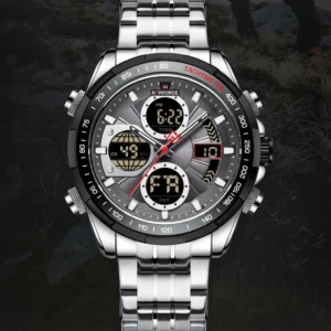 Reloj Naviforce 9197 S plateado con esfera gris, pantallas digitales y detalles rojos, vista frontal.