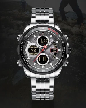 IMA5-RELOJ3 Reloj Naviforce 9197 S plateado con esfera gris, pantallas digitales y detalles rojos, vista frontal.