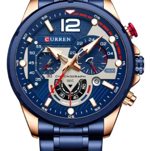 Reloj Curren 8395 A azul con brazalete de eslabones, detalles dorados y acentos rojos, vista frontal.