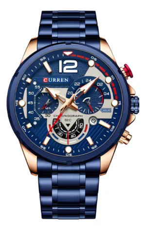 HAS-REL-001 Reloj Curren 8395 A azul con brazalete de eslabones, detalles dorados y acentos rojos, vista frontal.