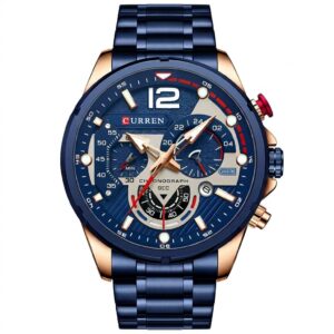Reloj Curren 8395 A azul con brazalete de eslabones, detalles dorados y acentos rojos, vista frontal.