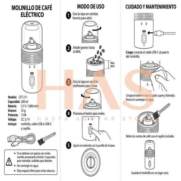 manual de uso Molinillo de café eléctrico portátil recargable USB-C | HAS