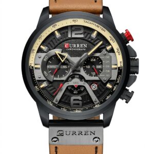 Reloj Curren 8329 T con correa café, caja negra y esfera con detalles metálicos, vista frontal.