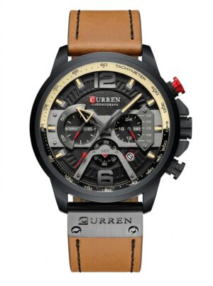 HAS-REL-004 Reloj Curren 8329 T con correa café, caja negra y esfera con detalles metálicos, vista frontal.