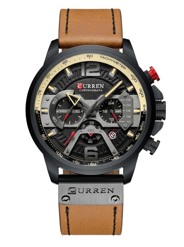 Reloj Curren 8329 T con correa café, caja negra y esfera con detalles metálicos, vista frontal.